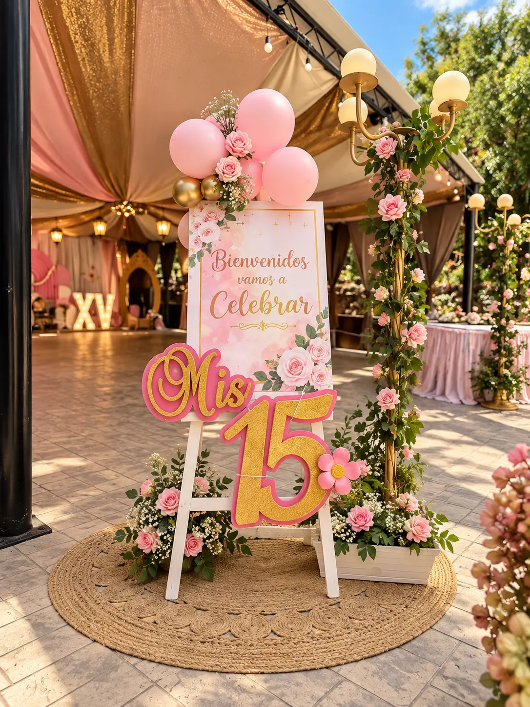 Cartel «Mis 15» con arco de rosas y globos a la entrada