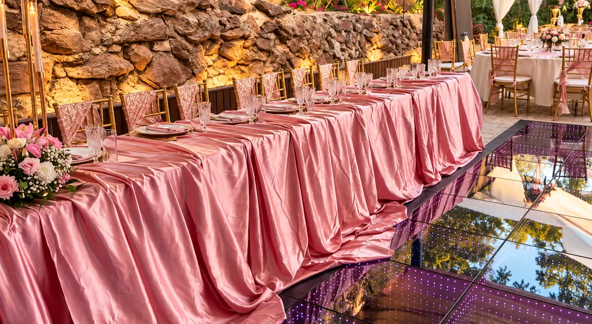 Mesa presidencial de raso rosa reflejada en el suelo infinito