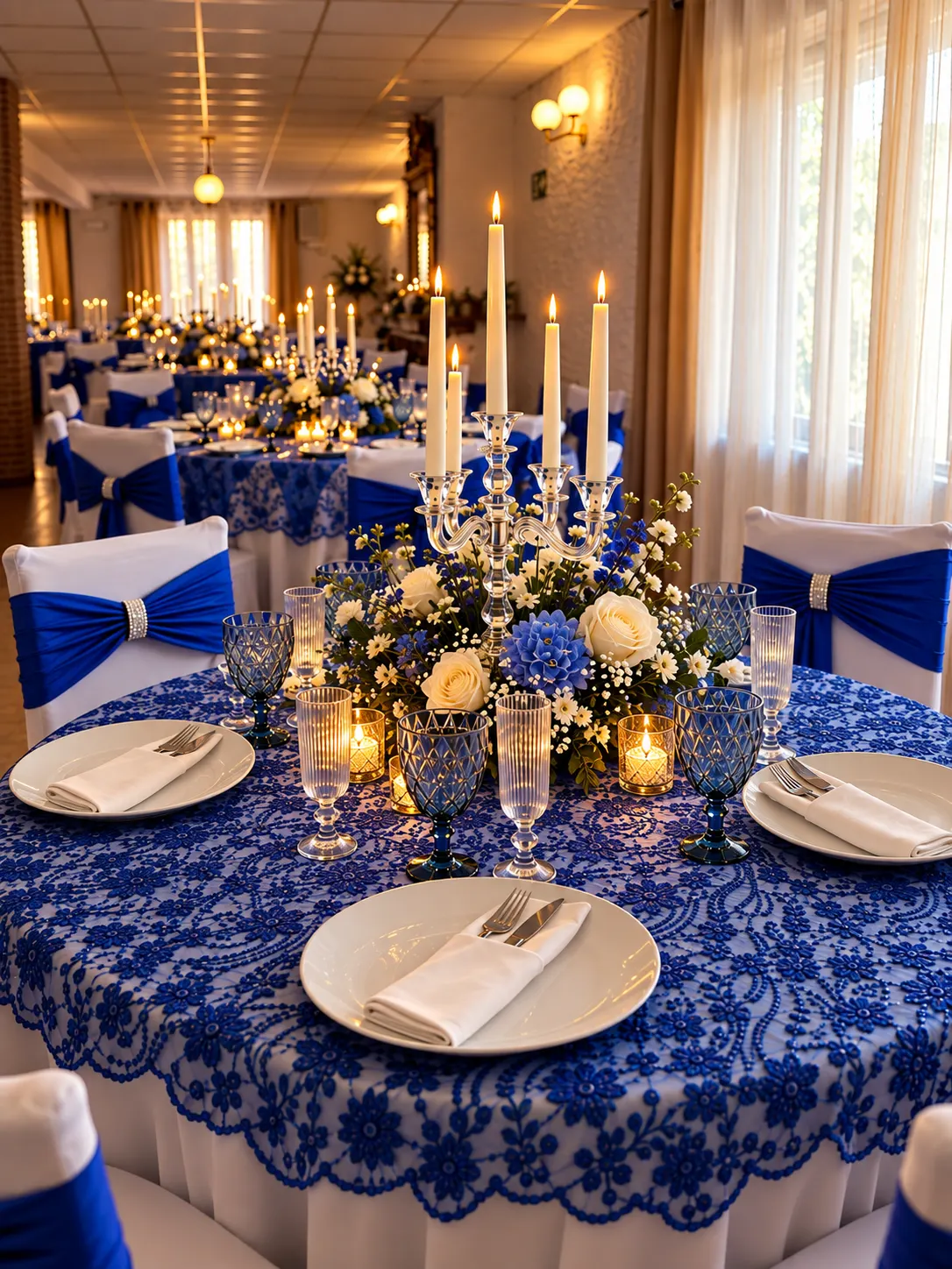 Mesa en azul y blanco con candelabro y flores