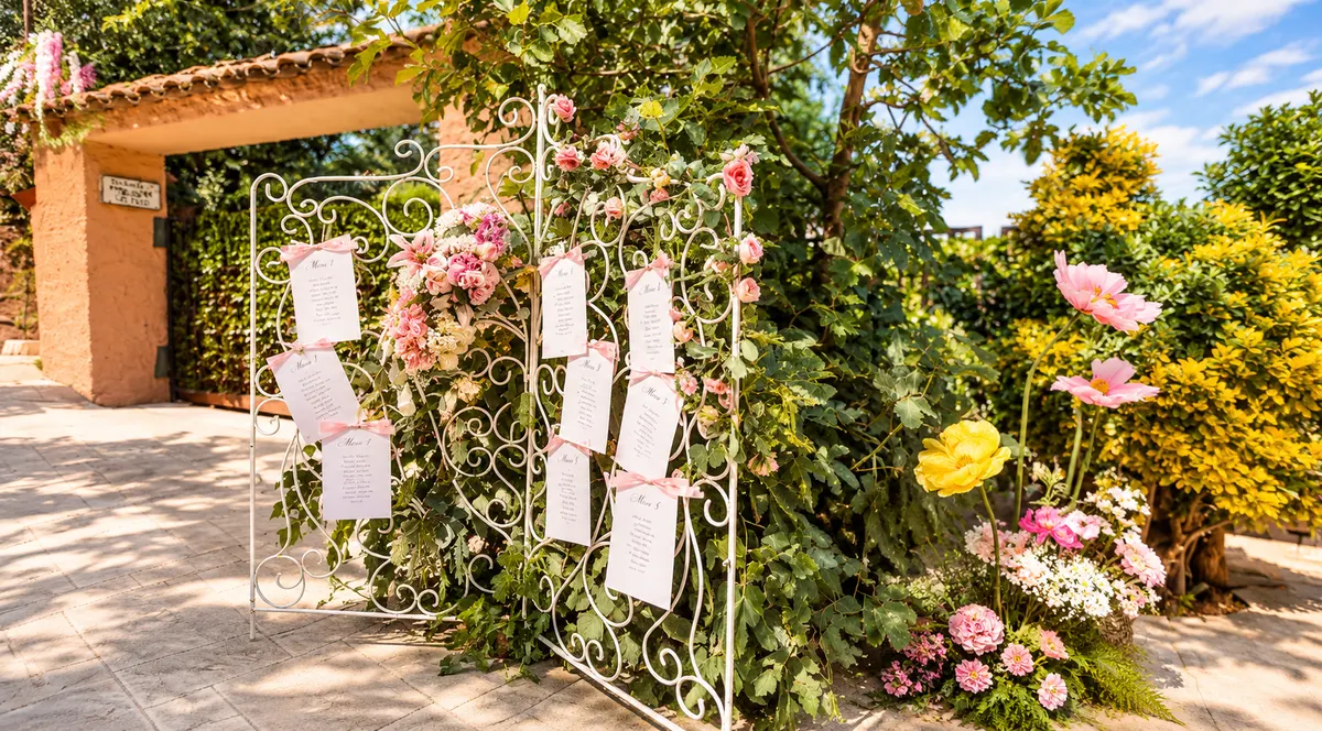 Seating plan en una reja con flores en el jardín