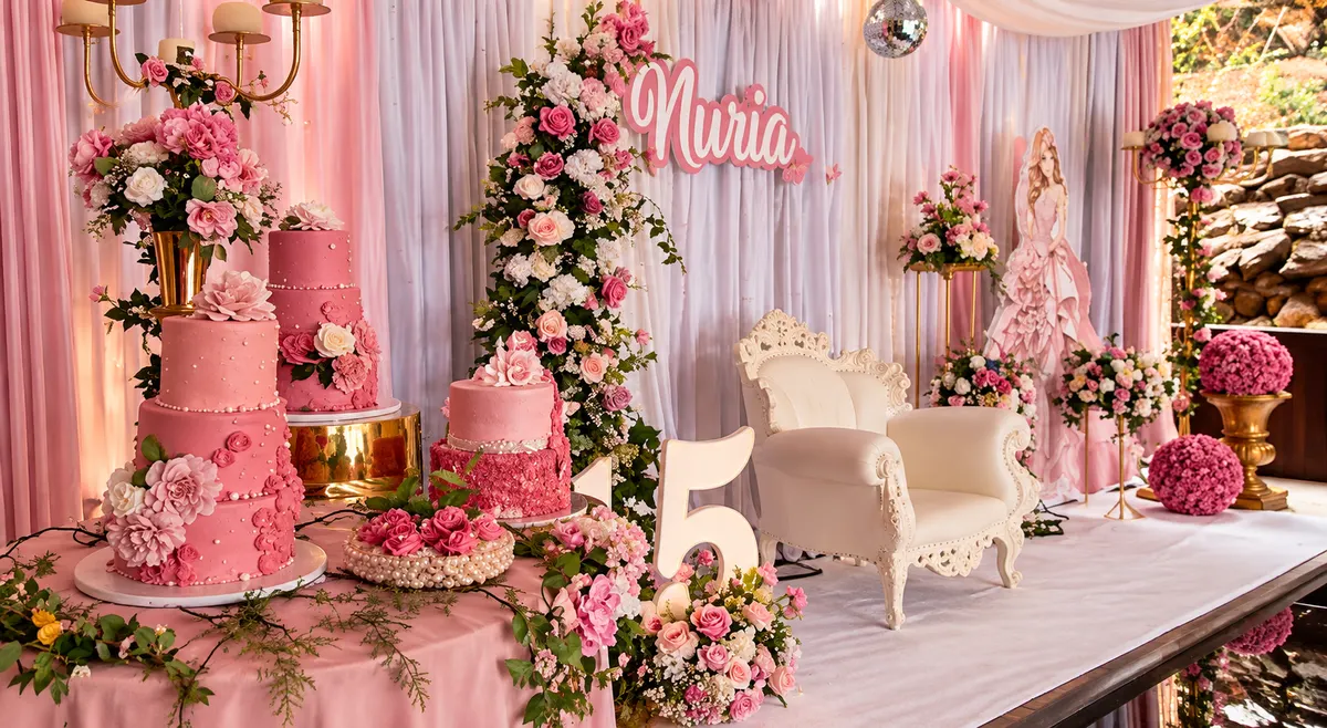 Tartas rosas de varios pisos junto al trono de la quinceañera