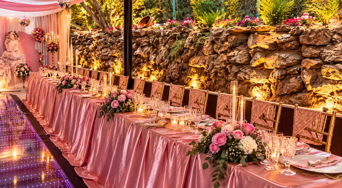 Mesa presidencial con mantel de raso rosa junto al muro de piedra iluminado