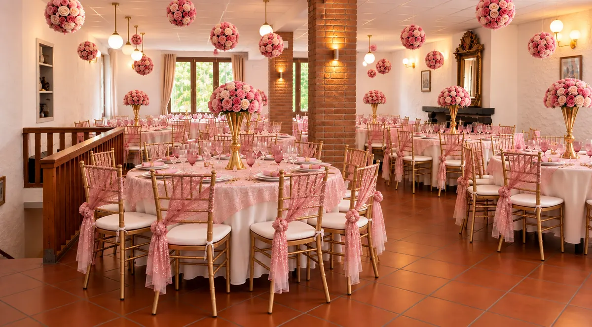 Salón interior con bolas de flores colgantes y mesas en rosa
