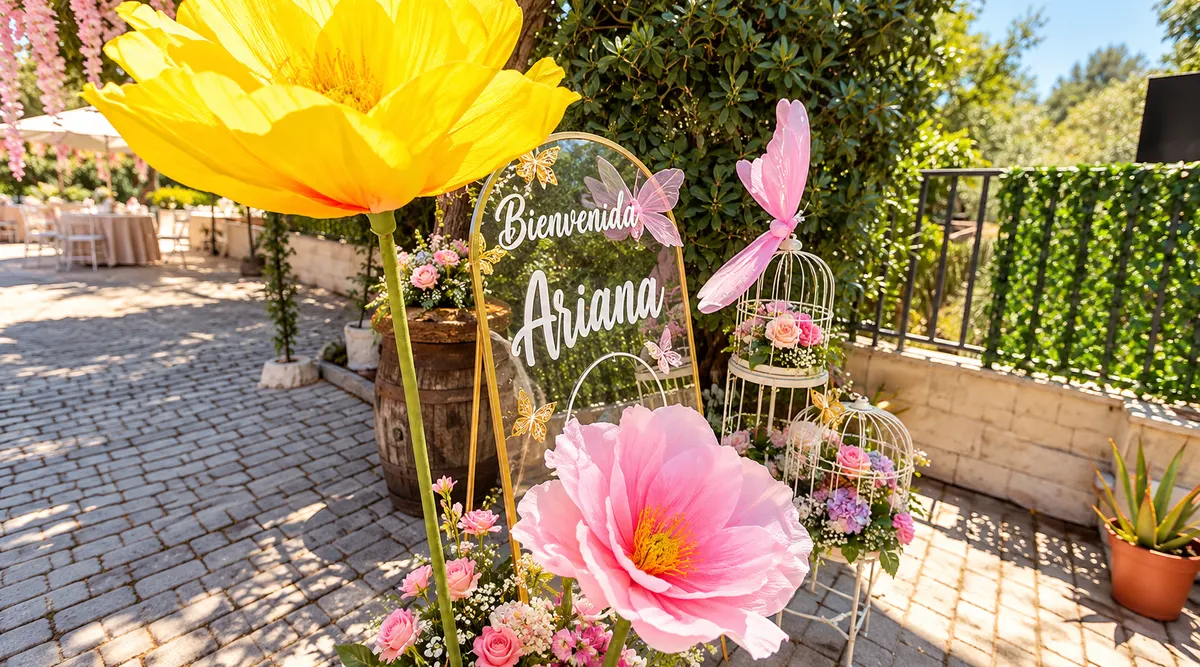 Cartel de bienvenida de XV años entre flores gigantes en el jardín