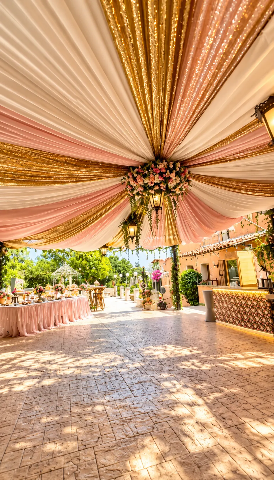 Techo de telas rosas y doradas con lámpara y flores en la terraza