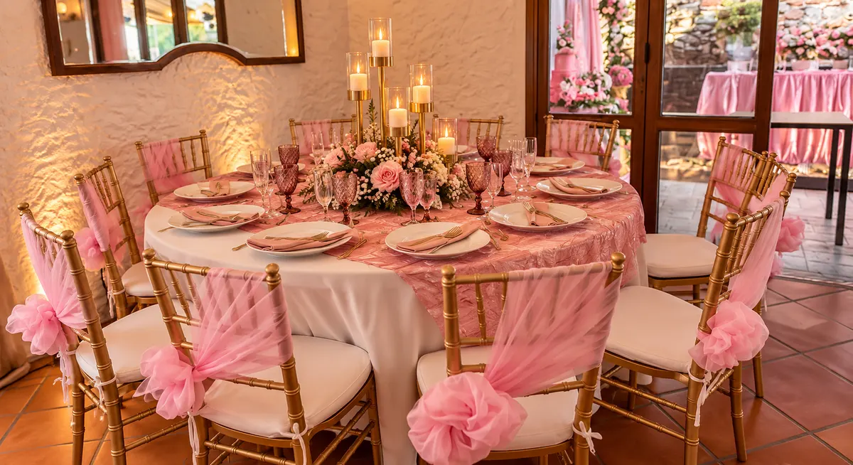 Mesa redonda con velas, flores y sillas doradas en el salón