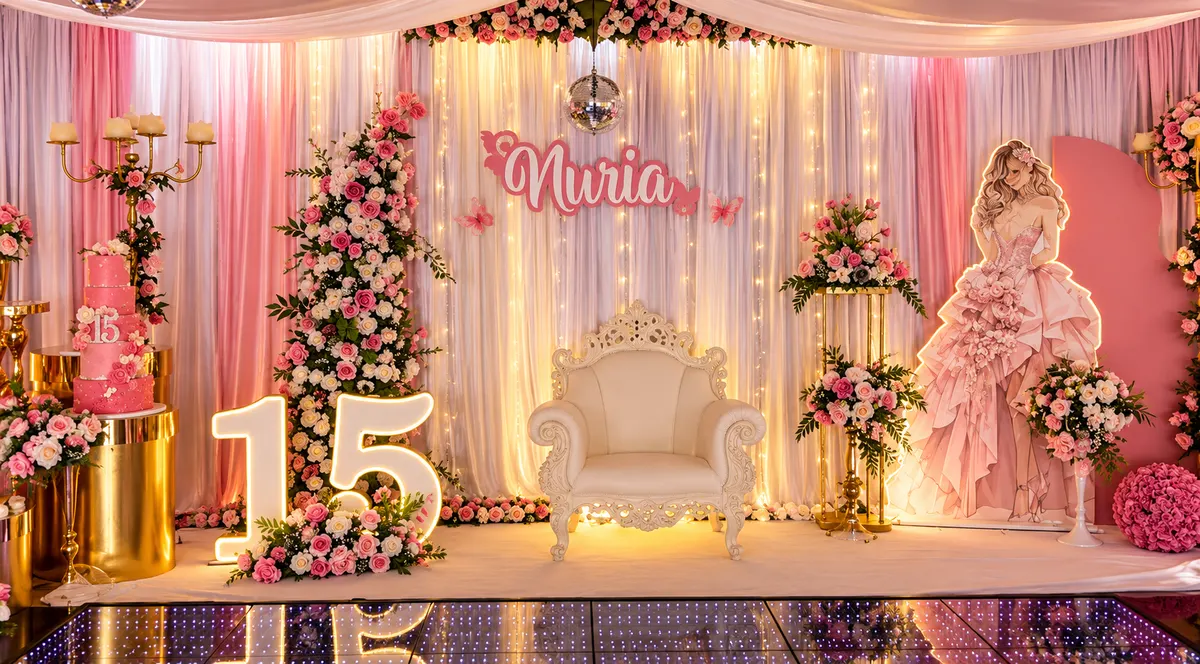 Escenario de XV años con trono blanco, flores y suelo infinito