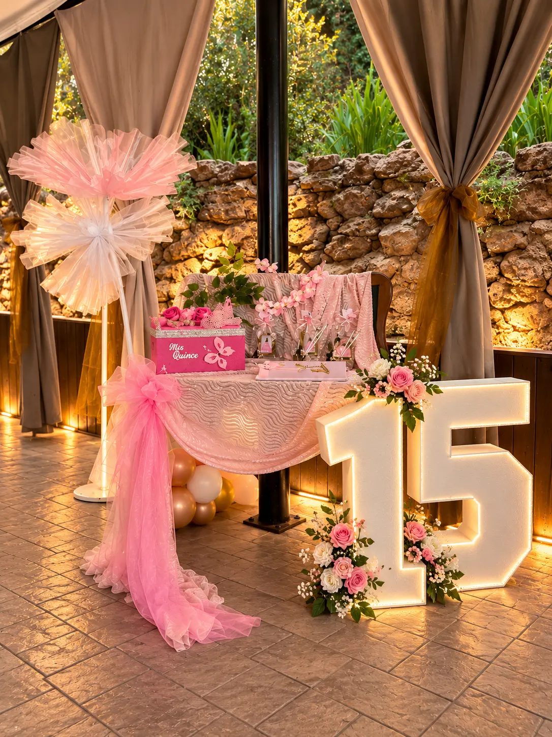 Mesa con tul rosa y número 15 luminoso junto al muro de piedra