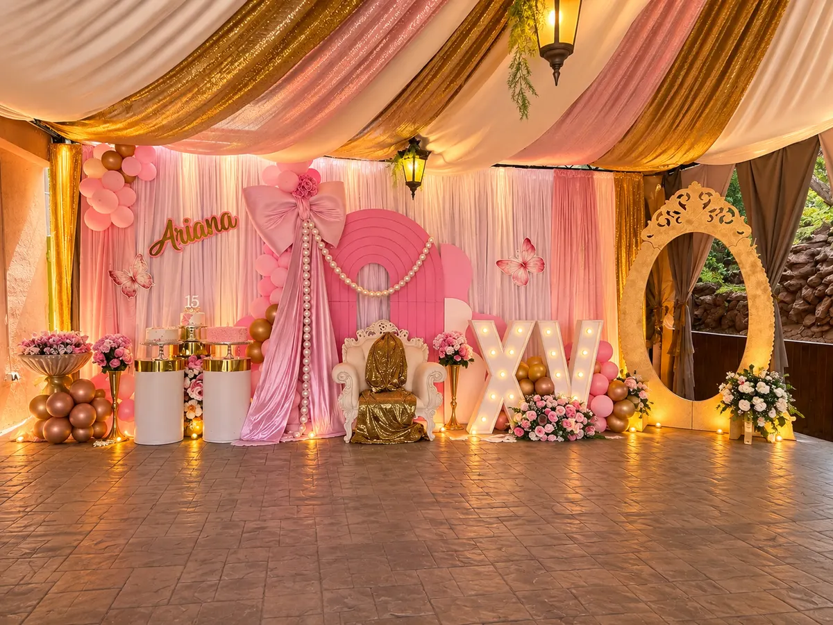Escenario de XV años con trono, letras luminosas y espejo dorado