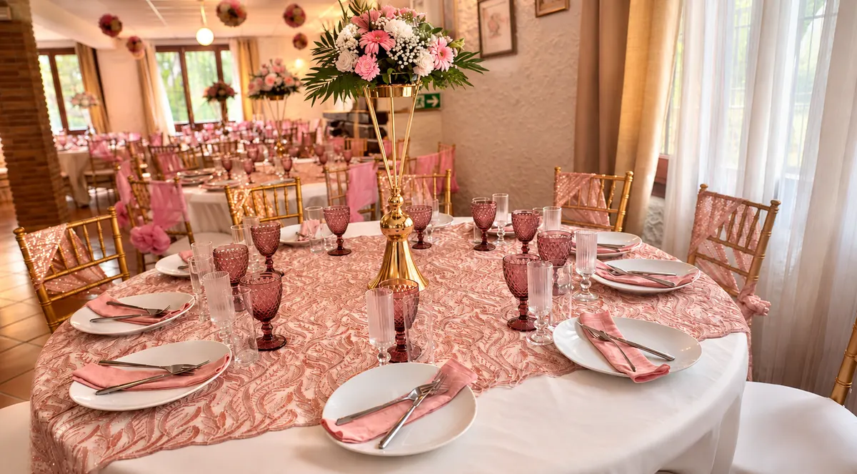 Mesa redonda con camino de raso rosa y centro de flores en el salón