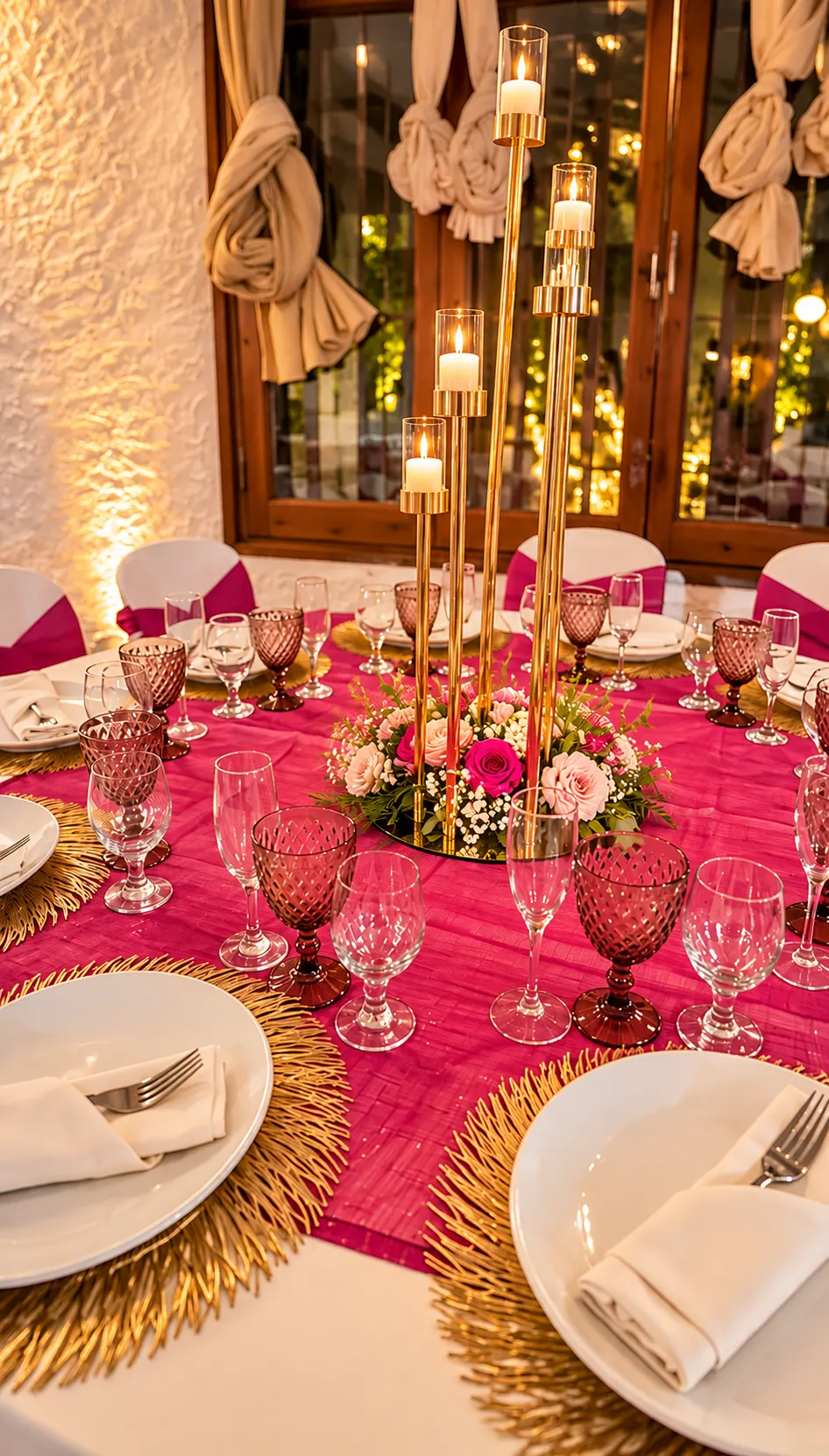 Mesa en fucsia con candelabro y bajoplatos dorados