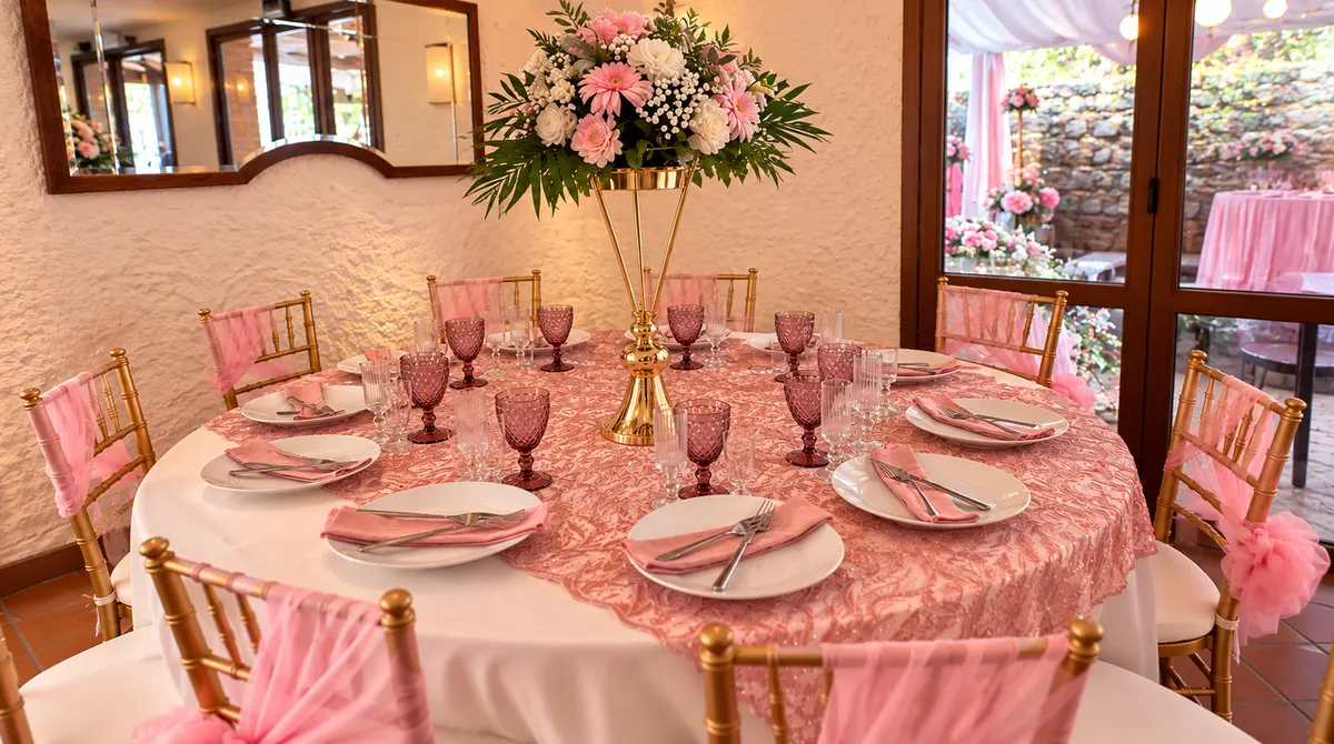 Mesa con centro floral alto y copas rosas junto al espejo del salón