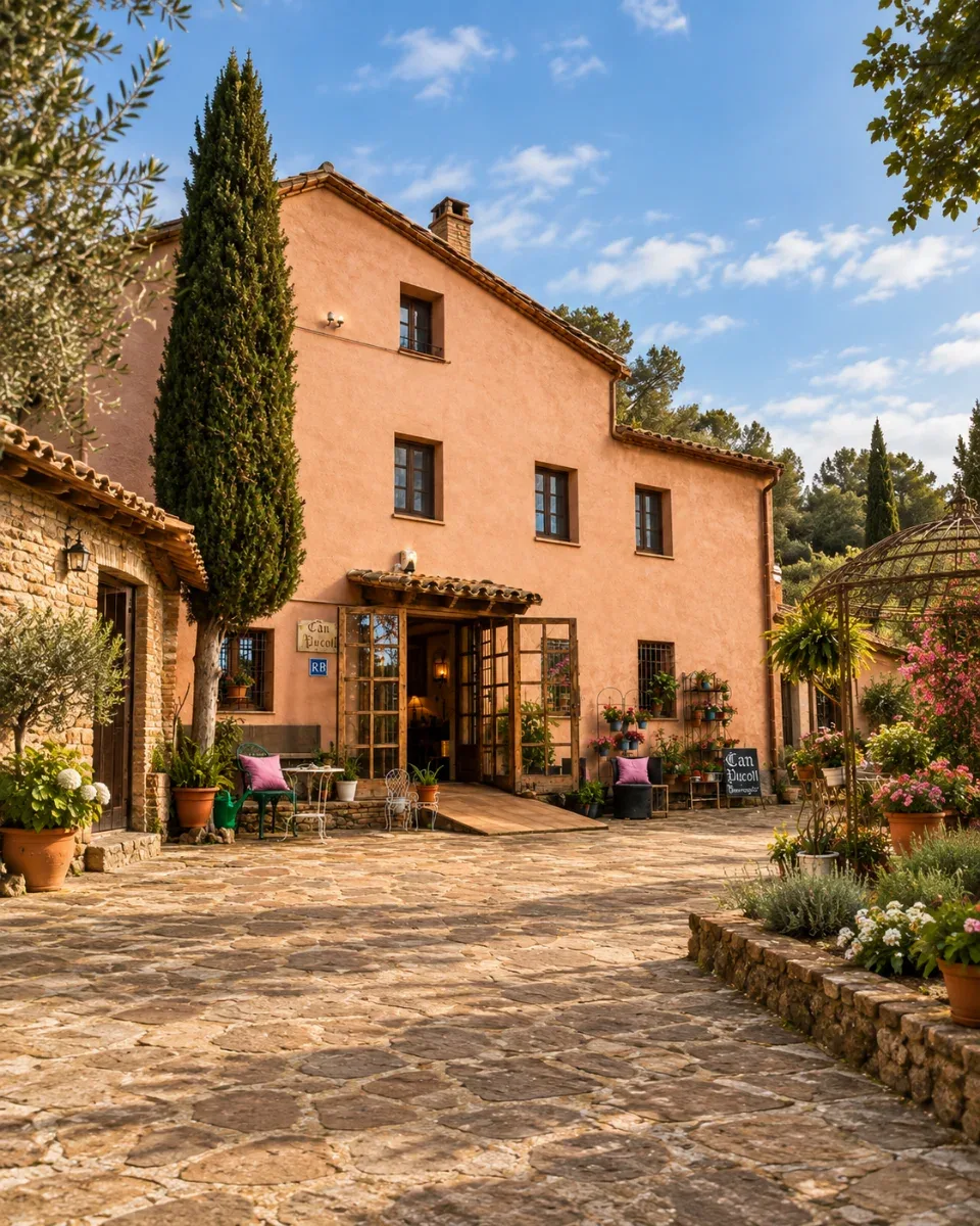Fachada y patio de entrada de la Masía Can Pucoll