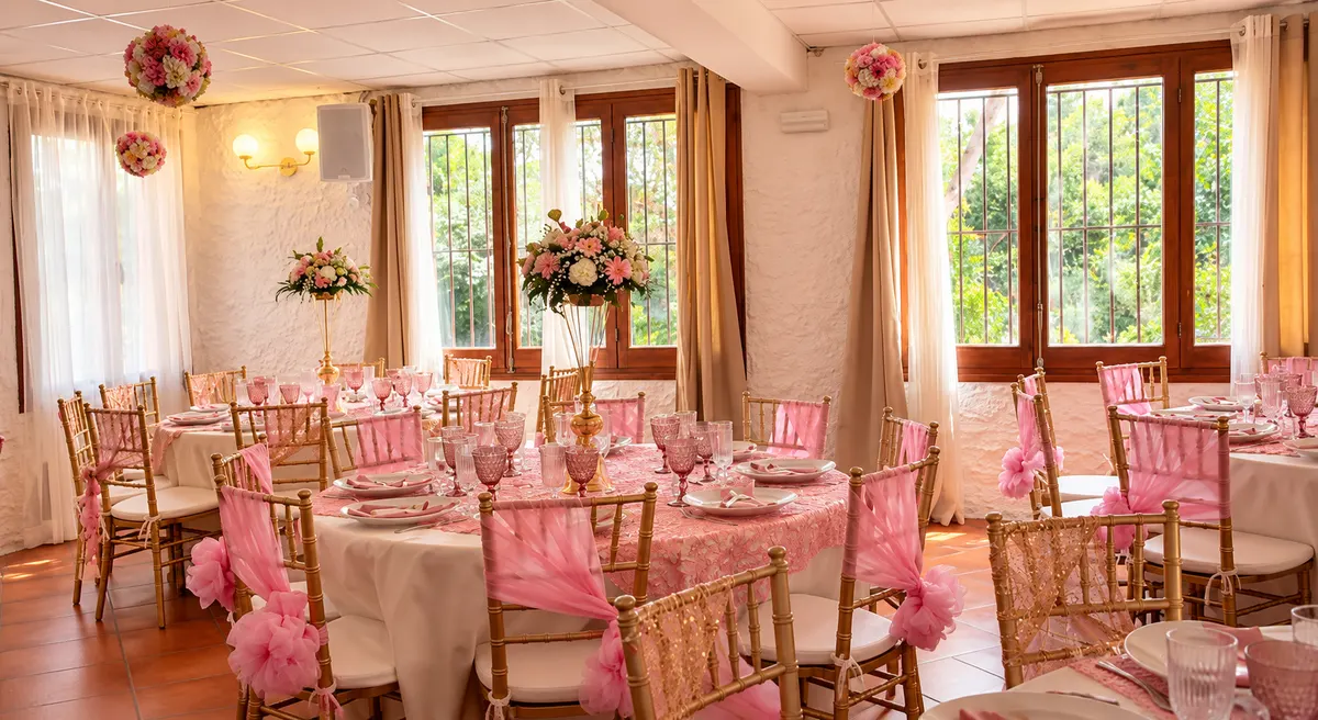 Salón con mesas en rosa, sillas doradas y centros florales altos