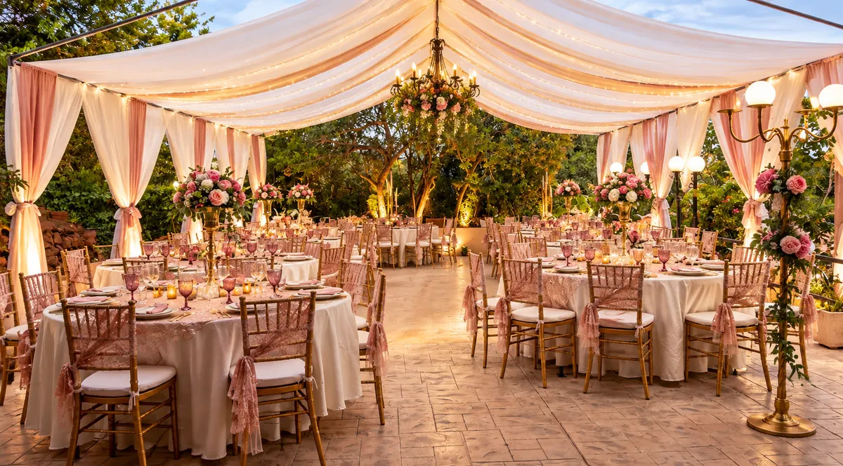 Carpa con cortinas blancas y mesas redondas en la terraza