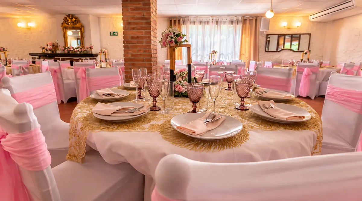 Mesa del salón con bajoplatos dorados, copas rosas y sillas vestidas